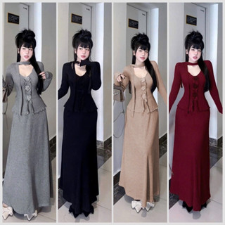  S119 SET ÁO TAY DÀI CỔ V DÂY CỔ ĐÍNH HOA PHỐI CHÂN VÁY CHỮ A 