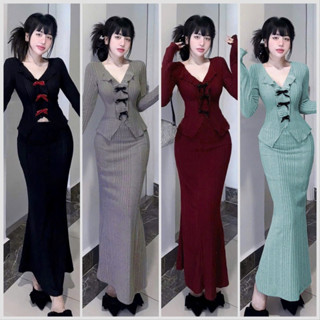  S112 SET ÁO CỔ V TAY DÀI PHỐI CHÂN VÁY ĐUÔI CÁ 