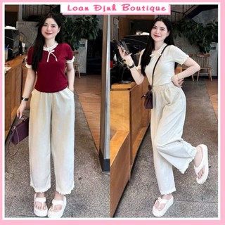 Set áo cổ tròn đính nơ tay ren  phối quần xuông gấu bèo Loan Định Boutique LD221