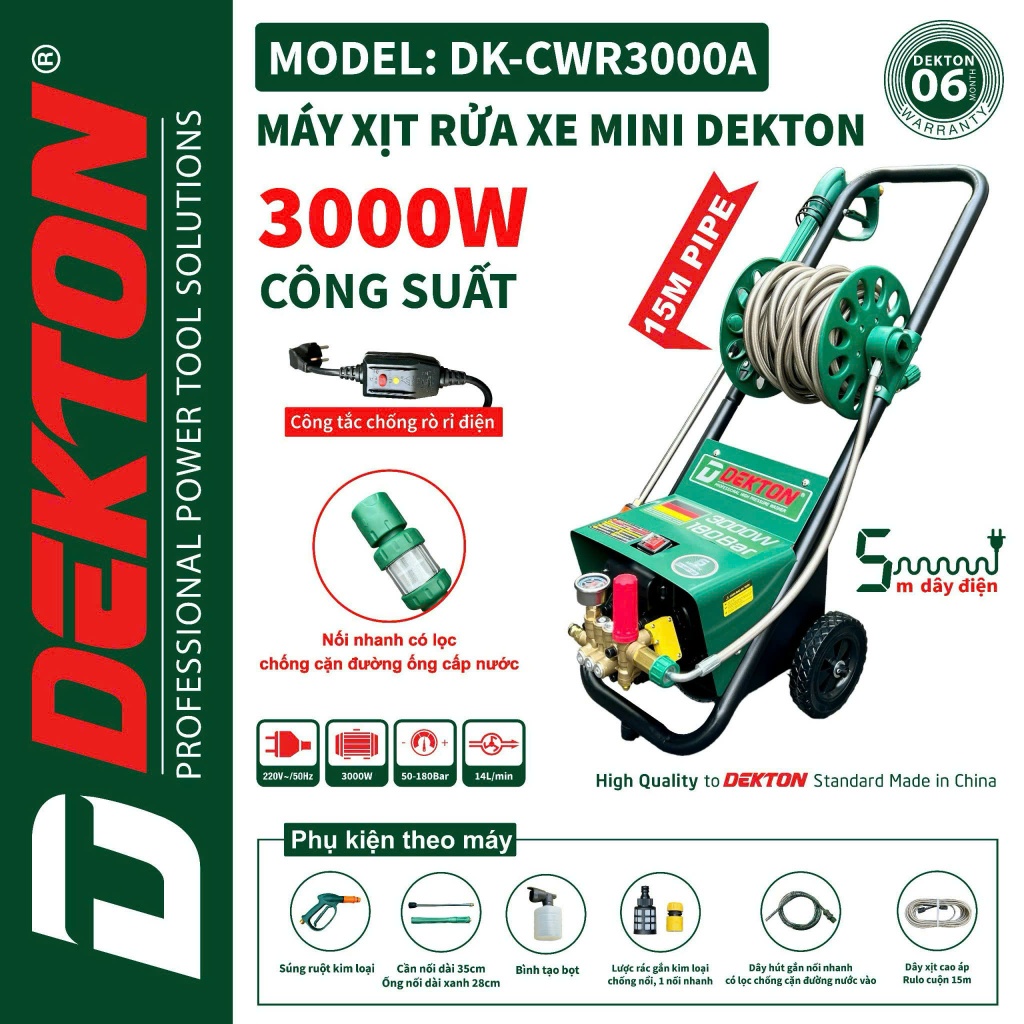 Máy Rửa Xe Cao Áp Dekton Công Suất 3000W Dekton DK-CWR3000A Có Chỉnh Áp Rulo 15m