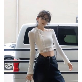 Áo thun Nữ,dáng croptop lệch vai trễ vai phối ren tay dài Women Top A168 (45_52kg)