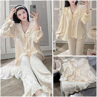 Bộ ngủ mặc nhà pijama tiểu thư  lụa Quảng Châu cao cấp LEI gấm kem