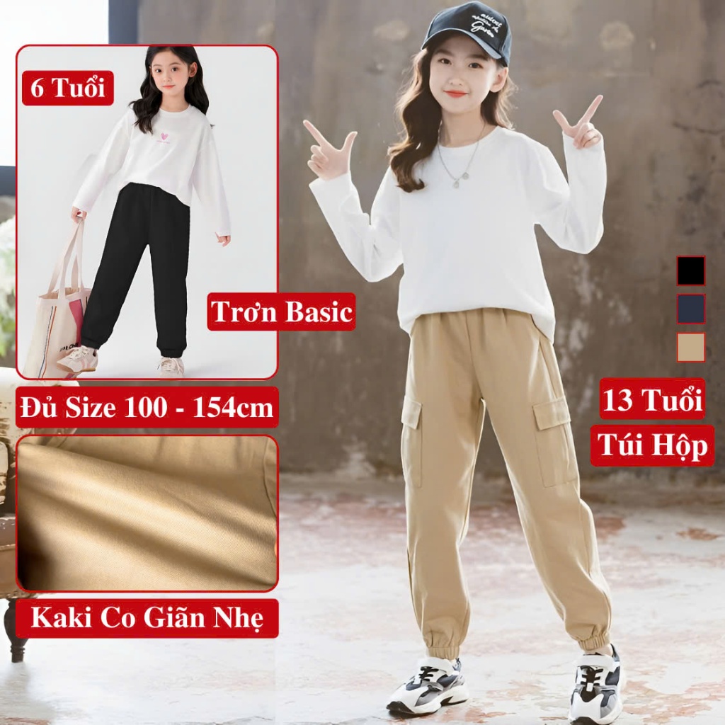  Quần Kaki Jogger Cho Bé Gái KooKoo Quần Dài Jogger Kaki Cạp Chun Bo Gấu Cho Bé Gái 