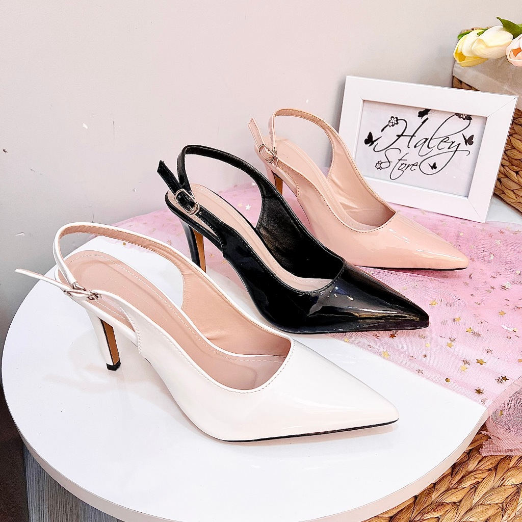 Giày sandal cao gót HALEY STORE max nude 9p bít mũi nhọn quai trơn tiểu thư công chúa đi tiệc êm châ