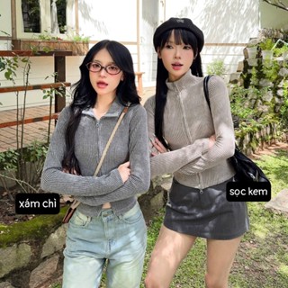 Calem Club - FORM NHỎ- Áo len nữ LENA phối Zip tay dài form ôm body chất vải len gân áo khóa kéo hai chiều