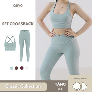 aeyo | Bộ đồ tập gym yoga nữ, áo bra cổ vuông dây chéo, quần legging dài cạp chéo cao cấp Crossback