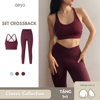 aeyo | Bộ đồ tập gym yoga nữ, áo bra cổ vuông dây chéo, quần legging dài cạp chéo cao cấp Crossback