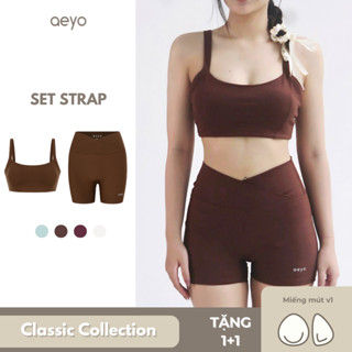 aeyo | Bộ đồ tập yoga gym nữ, áo hai dây mút rời, quần đùi cạp chéo ôm sát tôn dáng Classic Strap