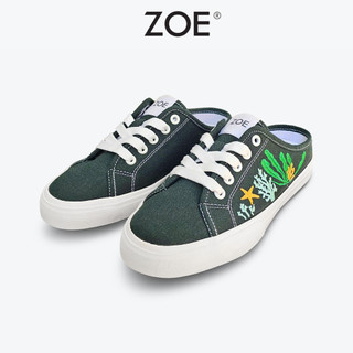   Hàng Mới  Giày Sục Đạp Gót Mules Vải ZOE Embro Sneaker thêu San hô màu Xanh Unisex đế cao su tăng chiều cao 