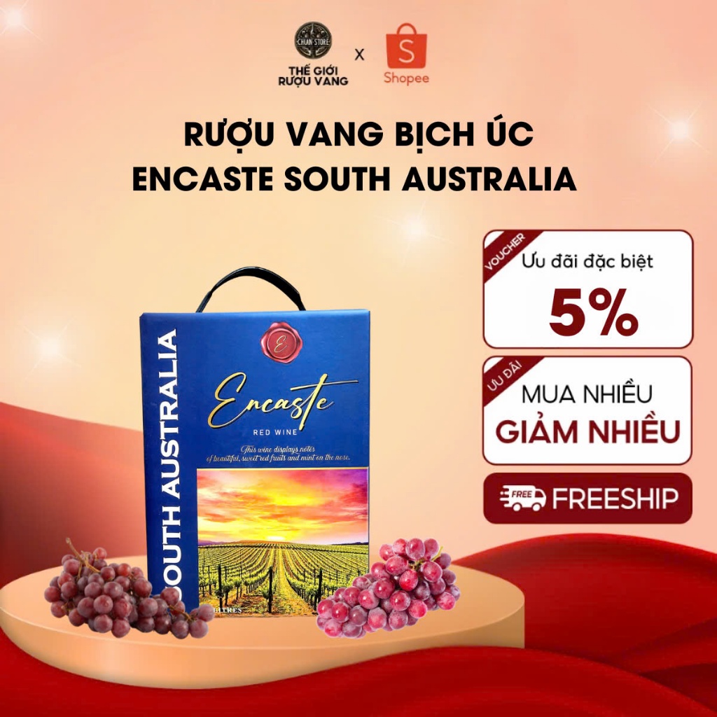 Rượu vang bịch Úc Encaste South Australia 13,5% hộp 3 lít nhập khẩu chính hãng