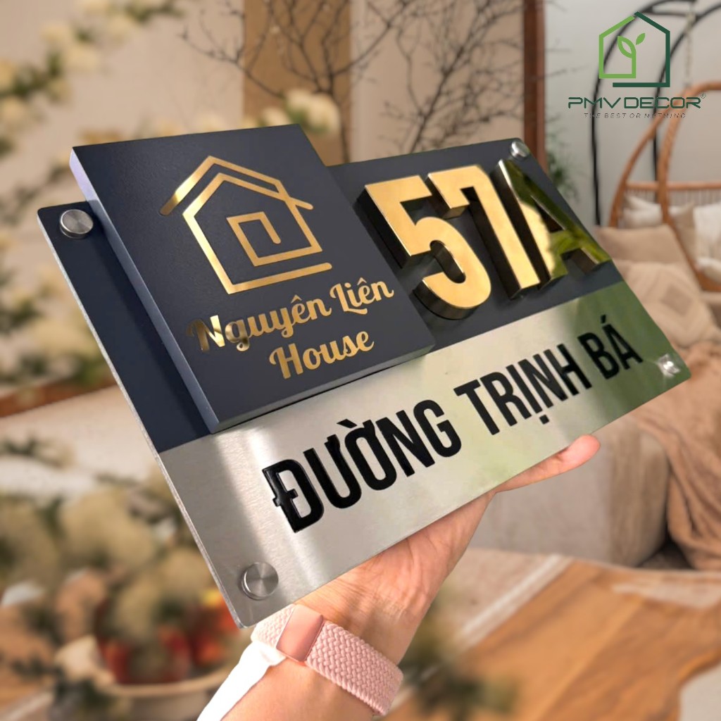 BIỂN SỐ NHÀ, Nền Inox 304 xước bạc sơn ăn mòn, số dựng chân nổi Inox Vàng gương. Cao cấp - BSN-PMV34