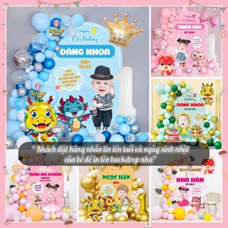Set trang trí sinh nhật bé trai, set thôi nôi bé gái tuổi rồng - Backrop lớn 1m5 in hình, tên, tuổi.