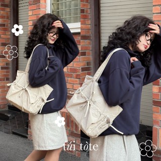 Túi xách nữ, túi đeo vai có khoá kéo, vải dày cột nơ, đựng vừa A4 & Laptop 13inch