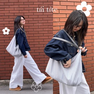 Túi xách nữ cỡ lớn oversize, vải kaki sọc xanh xám, có khoá kéo, đựng vừa A4 & Laptop 15,6inch