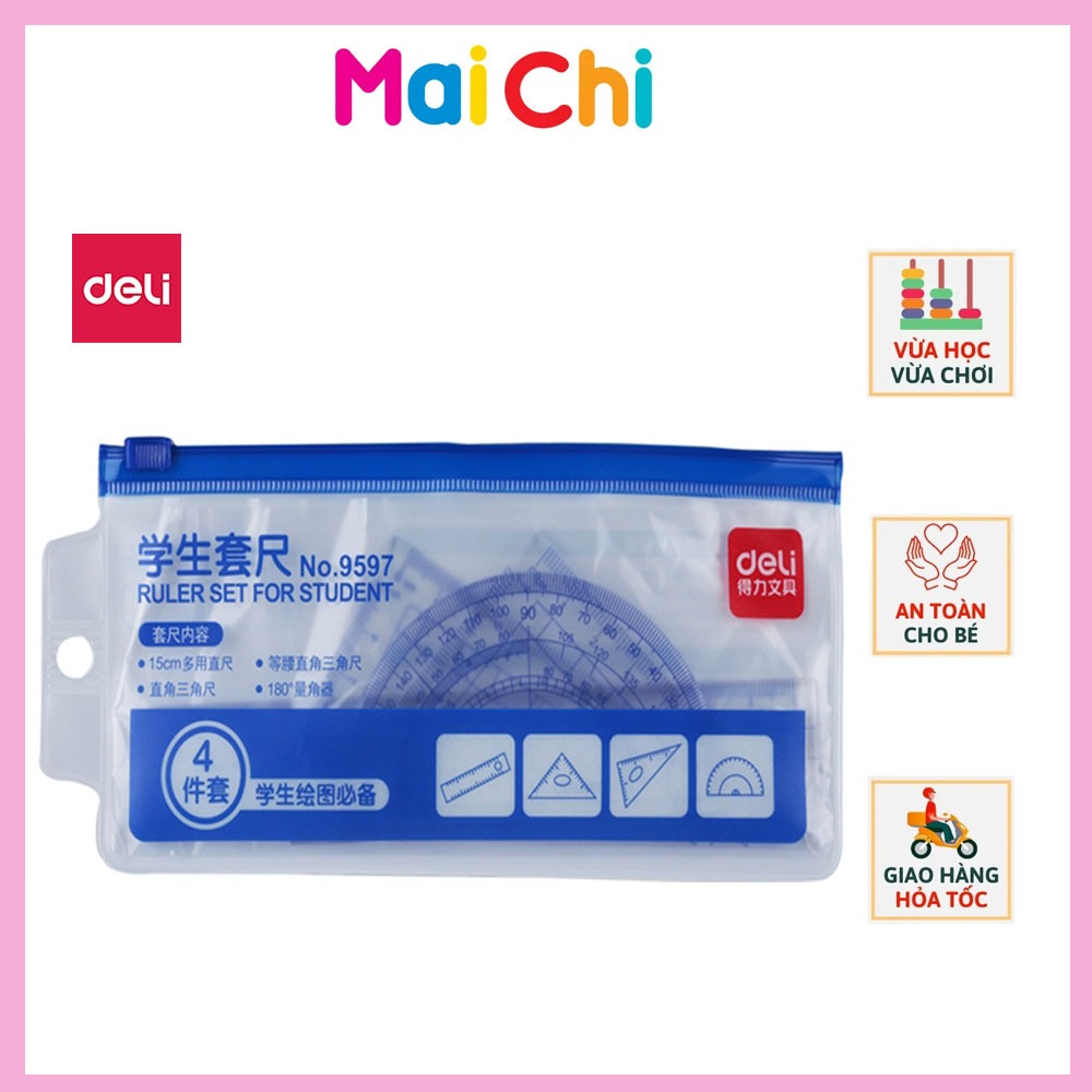 Bộ 4 dụng cụ eke học sinh Deli 9597 - 1 bộ eke thước kẻ đo góc tam giác vuông