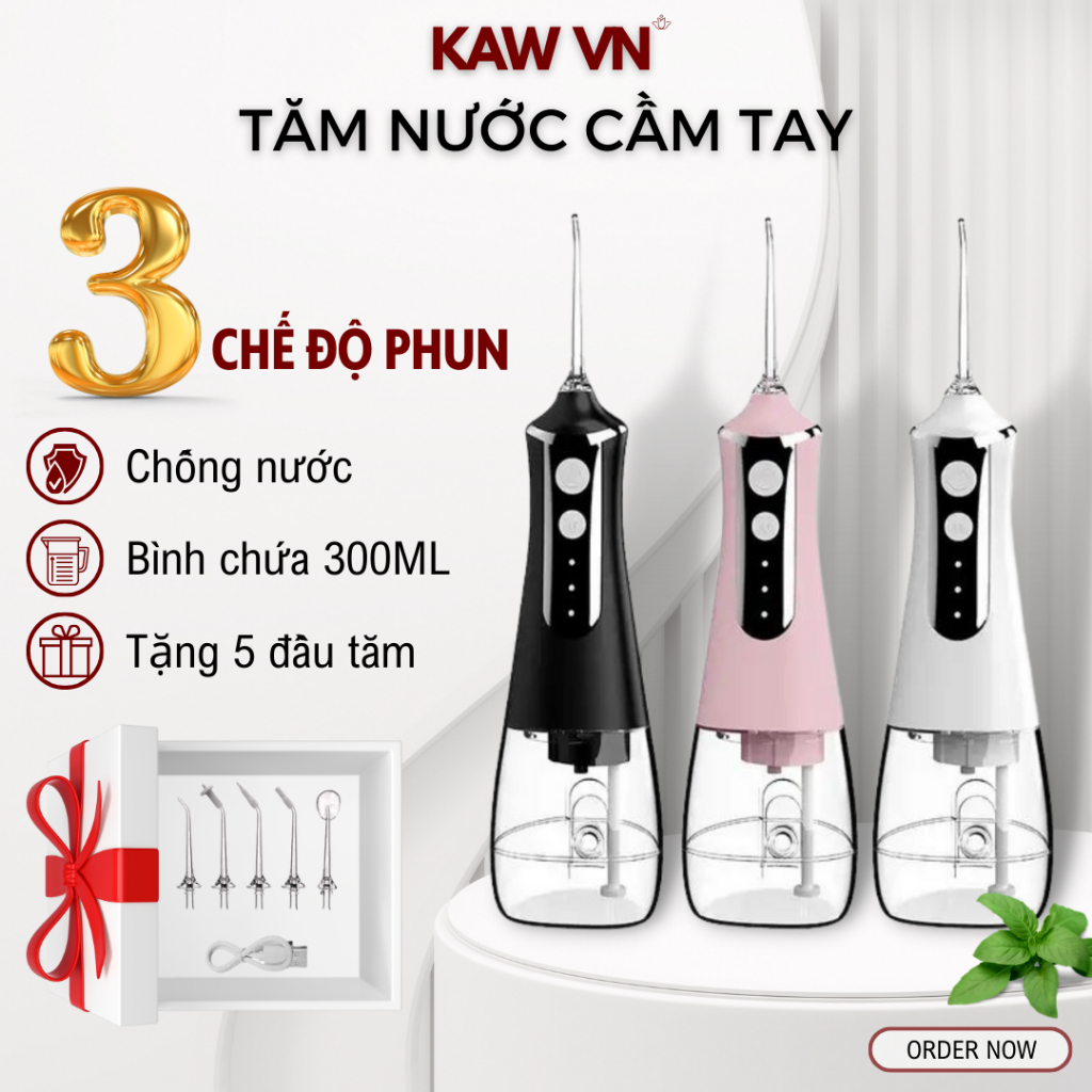 Máy Tăm Nước Cầm Tay KAW 300ml, 3 Chế Độ - 5 Đầu Tăm, Chống Nước Cao Cấp Phù Hợp Mọi Gia Đình, Dụng Cụ Vệ Sinh Răng Mệng