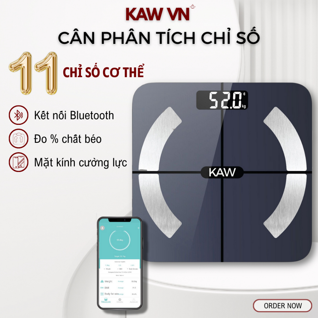 Cân Điện Tử Sức Khỏe Thông Minh Kết Nối Bluetooth KAW, Màn Hình Led Kính Cường Lực Bền Bỉ, Theo Dõi Sức Khỏe Cả Gia Đình