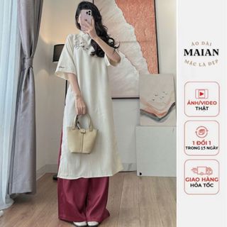 Set áo dài cách tân thêu hoa Maian áo cổ tàu tay lửng thêu hoa dáng suông chất nhung kèm quần lụa mềm mịn mặc tết S5297