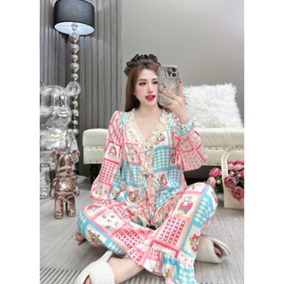 Bộ pijama tay dài quần dài lụa tơ tầm tiểu thư cổ Y phối ren cột dây form 40 đến 60kg lụa mịn sang chảnh dễ thương