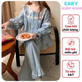 Bộ ngủ nữ dài tay set đồ bộ pyjama áo tay dài quần dài đồ mặc nhà chất đũi gân mềm cổ vuông phối ren CARY