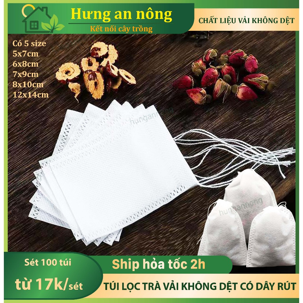Sét 100 túi lọc trà có dây thắt, đựng hoa khô, phân gà, dơi, trồng cây, đựng gia vị nấu lẩu hầm tiềm - nhiều size