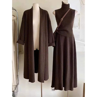 (ORDER-sẵn đen) Bộ áo len 3 mảnh gồm áo khoác, áo cổ lọ và chân váy suông dài phong cách vintage Hàn Quốc sang chảnh