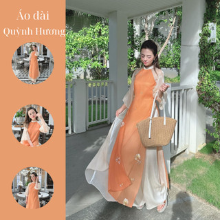 Áo dài hoa nhí thêu mẫu mới màu cam đào siêu xinh by Quỳnh Hương