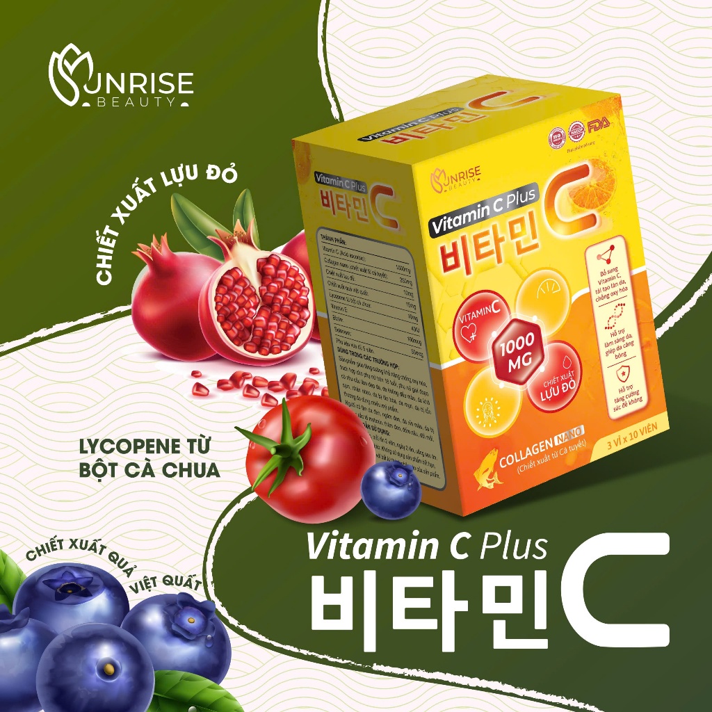 Vitamin C Plus (vỉ 30 viên) collagen nano, lựu đỏ, việt quất hỗ trợ đẹp da, giảm nám sạm da - 30 viên