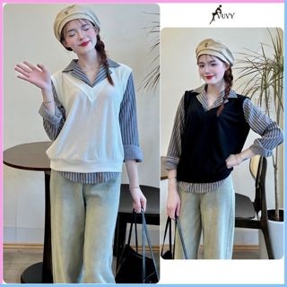Áo thun nữ giả sơ mi kèm gile chất nỉ tăm form suông basic phong cách Hàn quốc AT79