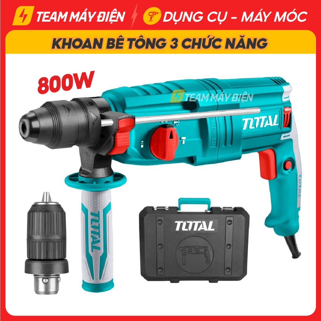Máy khoan bê tông 3 chức năng Total 800W TH308268, Lực đập 2.5J, Máy khoan đục 3 chức năng - Team Má