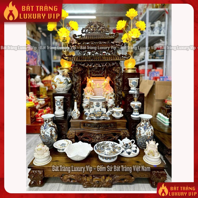 Bộ Đồ Thờ Men Trắng Đắp Nổi Họa Tiết Cho Gia Chủ Mệnh Kim , Mệnh Thủy - Bộ Đồ Thờ Bàn Thần Tài