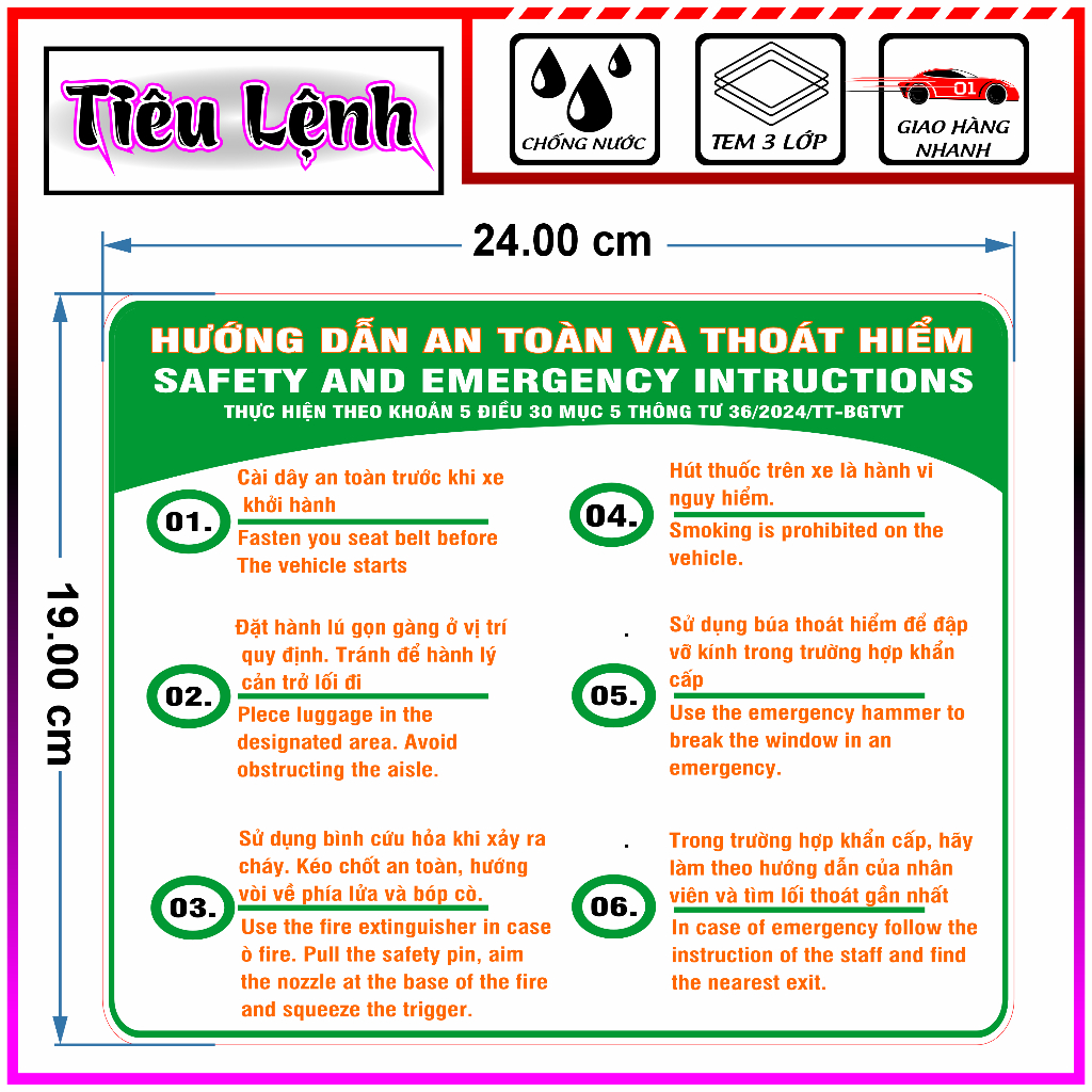 Tem dán decal tiêu lệnh hướng dẫn an toàn thoát hiểm cho ô tô Nhãn dán SKTDECAL