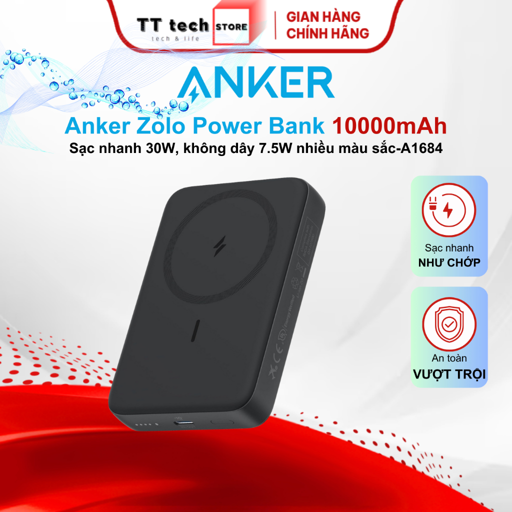 Sạc dự phòng từ tính Anker Zolo A1684 Power Bank - 10000mAh 30W, Sạc nhanh không dây 7.5W- nhỏ gọn