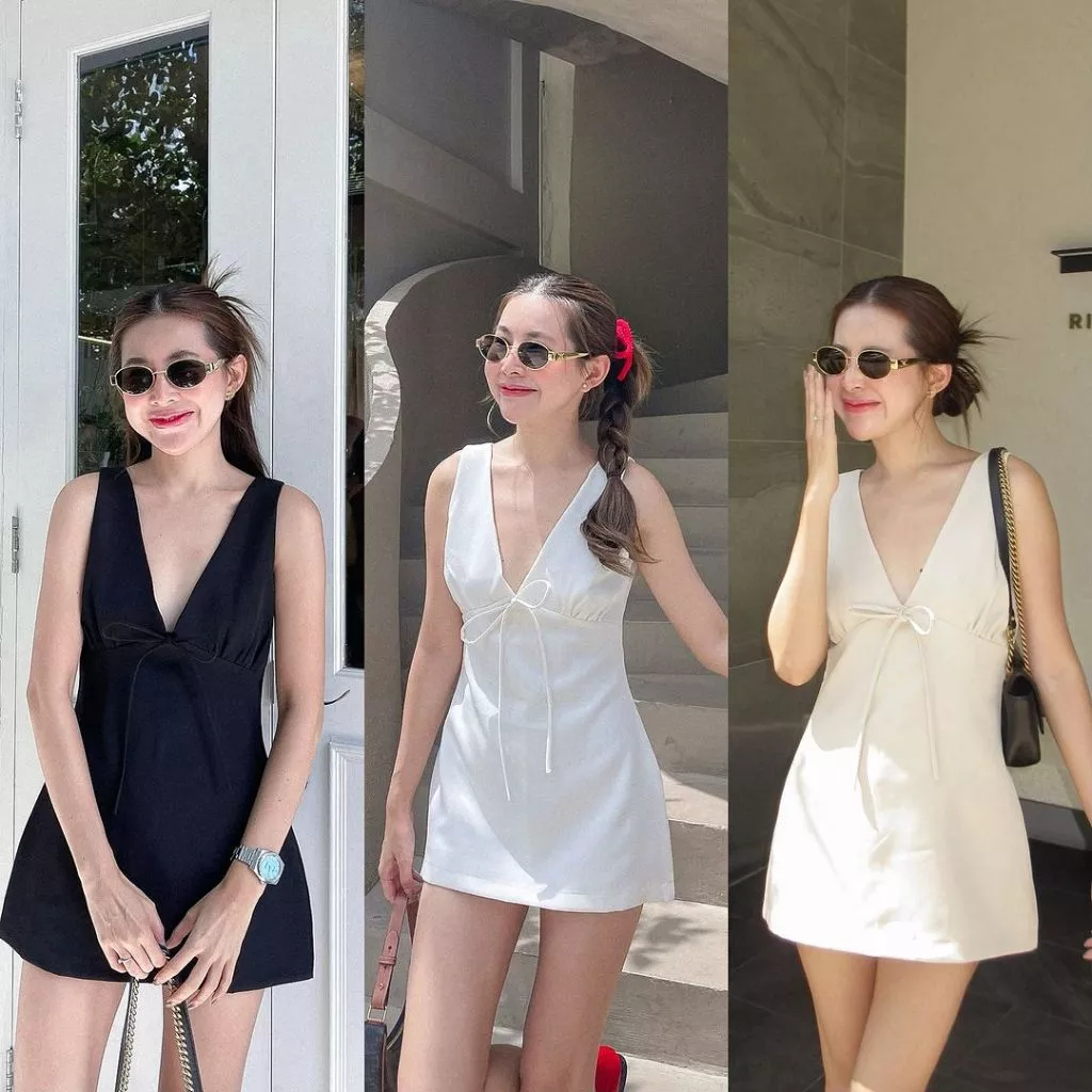 Váy linen cổ yếm dáng A, Đầm linen ngắn cổ yếm cột nơ, Váy Linen sát nách