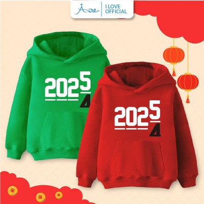 ILOVE Áo hoodie TẾT 2025 cho bé, áo nỉ dài tay phối túi có mũ, in hình 2025 cho bé trai bé gái từ 10-29kg