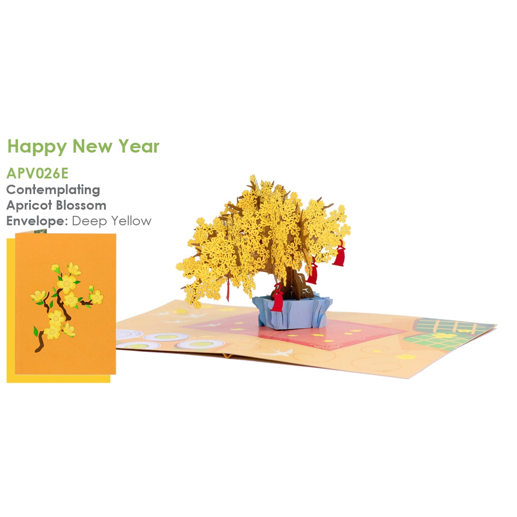 Thiệp Pop up 3D Contemplating Apricot Blossom Hoa Mai ngày Tết APV026E - Paper Art Viet Viet Cao Cấp