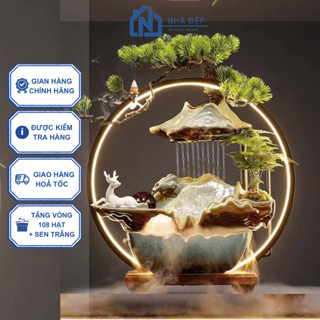 Thác nước phong thuỷ tiểu cảnh để bàn tượng hươu, thác khói trầm trang trí nhà cửa, decor an nhiên