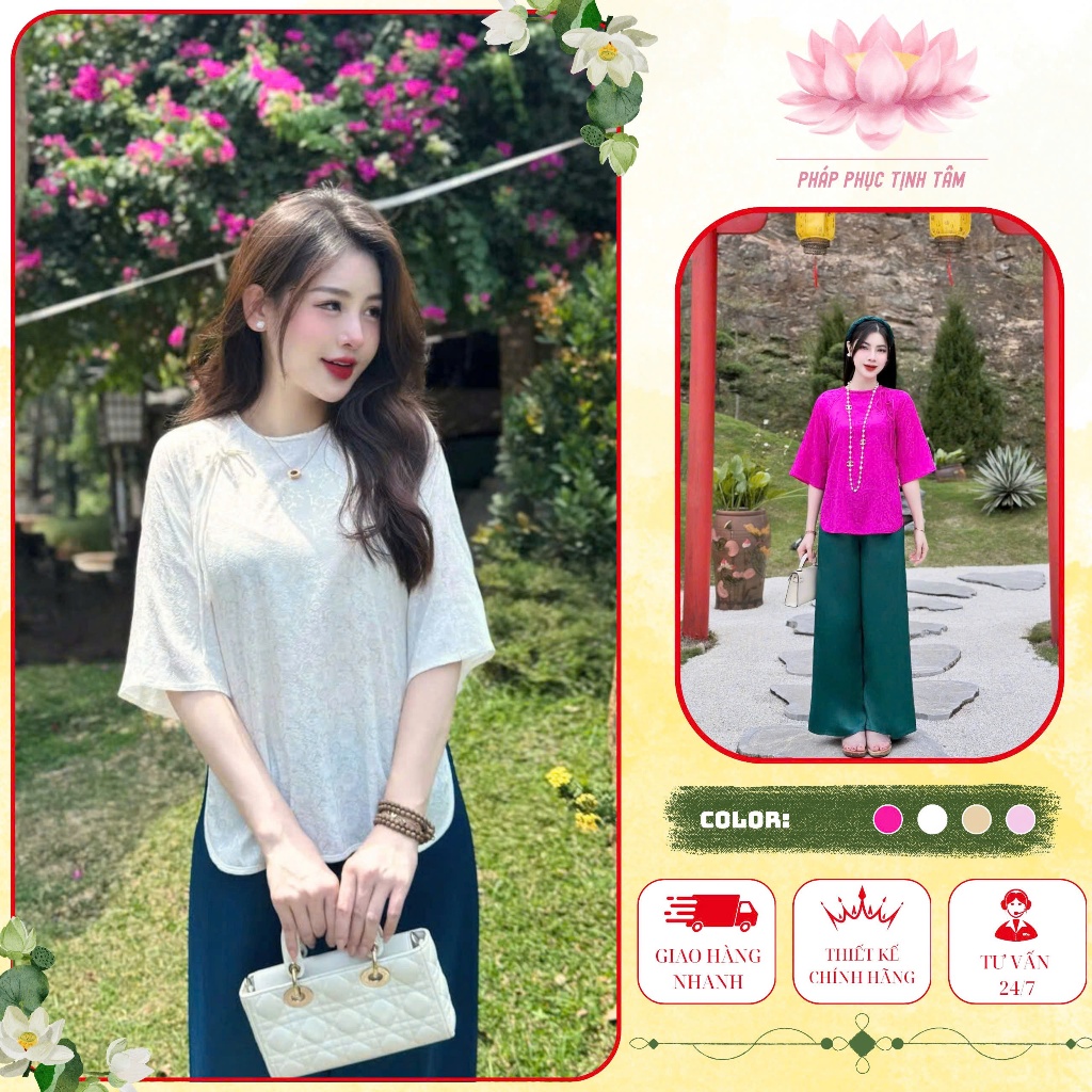 Đồ Lam Đi Chùa Tịnh Tâm, Pháp phục nữ  lụa gấm cổ tết đính nơ cao cấp, Size 40-65kg,4 size S,M,L,XL