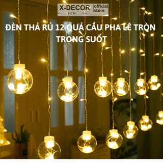 Đèn LED Trang Trí Treo Thả 12 Quả Cầu Pha Lê Trong Suốt 8 Chế Độ Chớp Nhiều Màu, Rèm Đèn Trang Trí