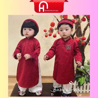 Bộ áo dài cách tân lụa gấm màu đỏ kèm quần mấn khăn xếp cho bé trai bé gái - HNOrderChina