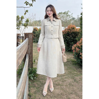  s640 Set váy thiết kế 2 chi tiết áo dạ tweed cổ vest phối chân váy xoè thanh lịch váy thiết kế thu đông cao cấp 