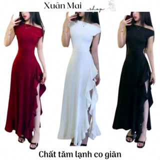  Đầm trễ vai form xoè dài xẻ đùi 1 bên viền bèo tiểu thư màu đỏ trắng đen chất tăm lạnh mặc đi chơi Noel Tết đi tiệc 
