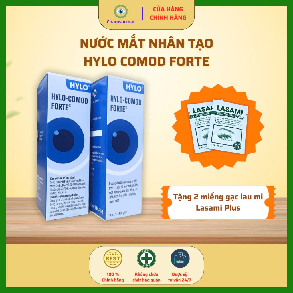 Nhỏ mắt Hylo Comod Forte Giảm Khô, Mỏi Mắt Nhập Khẩu Đức 10ml, Tặng 2 Miếng Gạc Lau Mi LASAMIPLUS