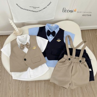 Set gile cộc tay 5 chi tiết gồm áo gile, áo sơ mi trắng, quần short, đai và nơ cổ Beemo cho bé trai