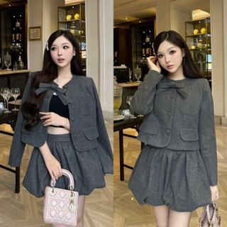   S2.2084  Set Dạ Len Ép 2 Lớp Dày Dặn Áo Khoác Cúc Bọc Kèm Nơ Mix Chân Váy Bí Phồng Siêu Xinh 