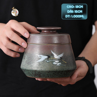  Hũ Đựng Trà Hạc Tiên HOÀNG ĐAN TEA Bình Bằng Gốm Cảnh Đức Cao Cấp Bảo Quản Chè Dụng Cụ Trà Đạo 