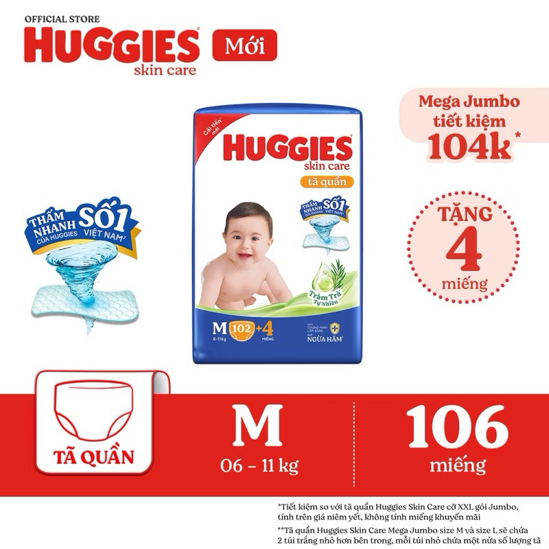 Tã quần Huggies Skincare Mega Jumbo M102+4/L100+4/XL84+4/XXL76+4