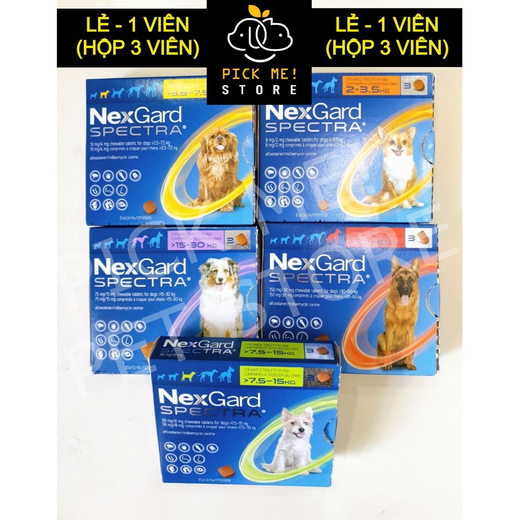 [CHÍNH HÃNG] Viên Nhai NEXGARD SPECTRA Diệt Ve Rận, Bọ Chét, Ghẻ DEMODEX và Xổ giun Cho Chó