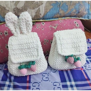  balo tai thỏ bằng len nhung đũa. balo len handmade 