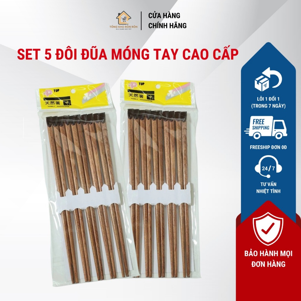 5 Đôi Đũa Gỗ Móng Tay Cao Cấp - Đũa Ăn Cơm Chống Trơn, Bền Đẹp, An Toàn Cho Sức Khỏe